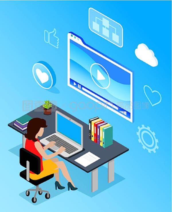 工作場(chǎng)所的商業(yè)網(wǎng)絡(luò)通信。辦公室使用手提電腦無(wú)線設(shè)備的女性。藍(lán)色的媒體顯示和互聯(lián)網(wǎng)圖標(biāo)像和云。PC向量的數(shù)字營(yíng)銷(xiāo)專(zhuān)家。計(jì)算機(jī)向量的數(shù)字營(yíng)銷(xiāo)專(zhuān)家